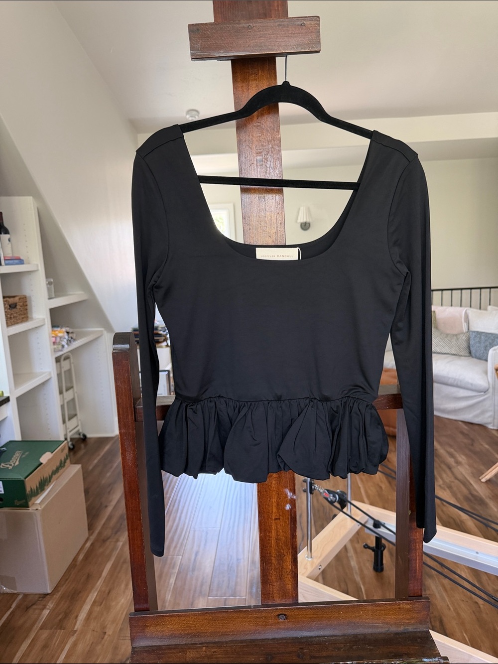 Loeffler Randall Black Long-Sleeve Peplum Scoop Neck Top